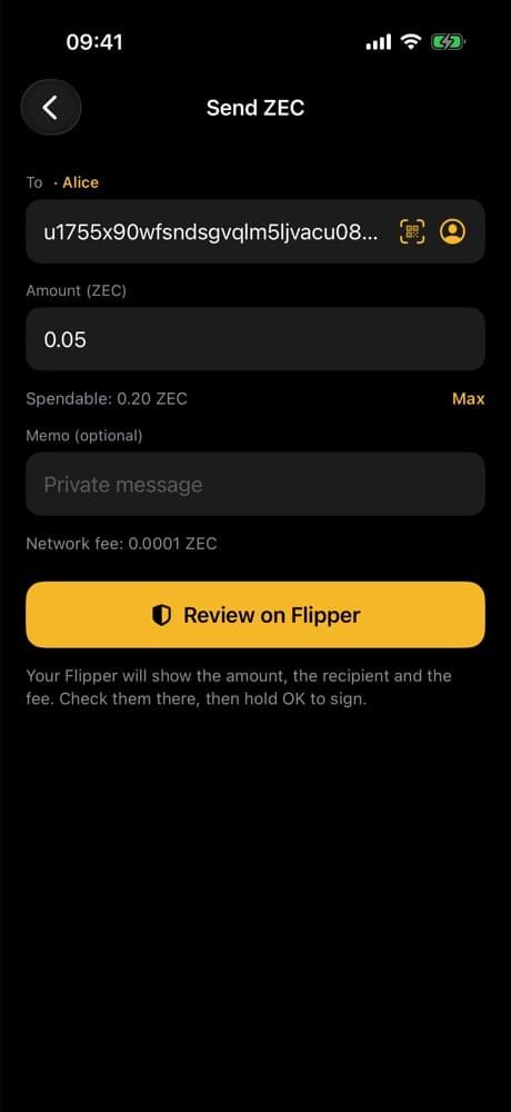 ZApp screen: send-filled