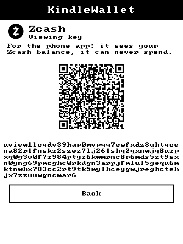 KindleWallet screen: zec-viewkey