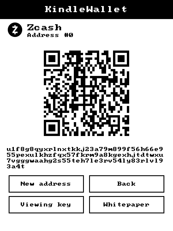 KindleWallet screen: zec